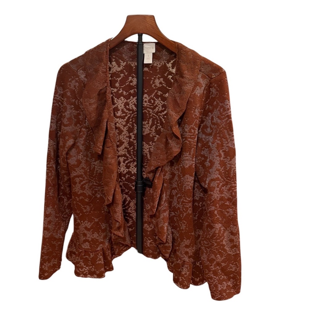 Chicos Metallic Damask Ruffle Open Front Cardigan Copper Rust Sweater‎ Size 1 M